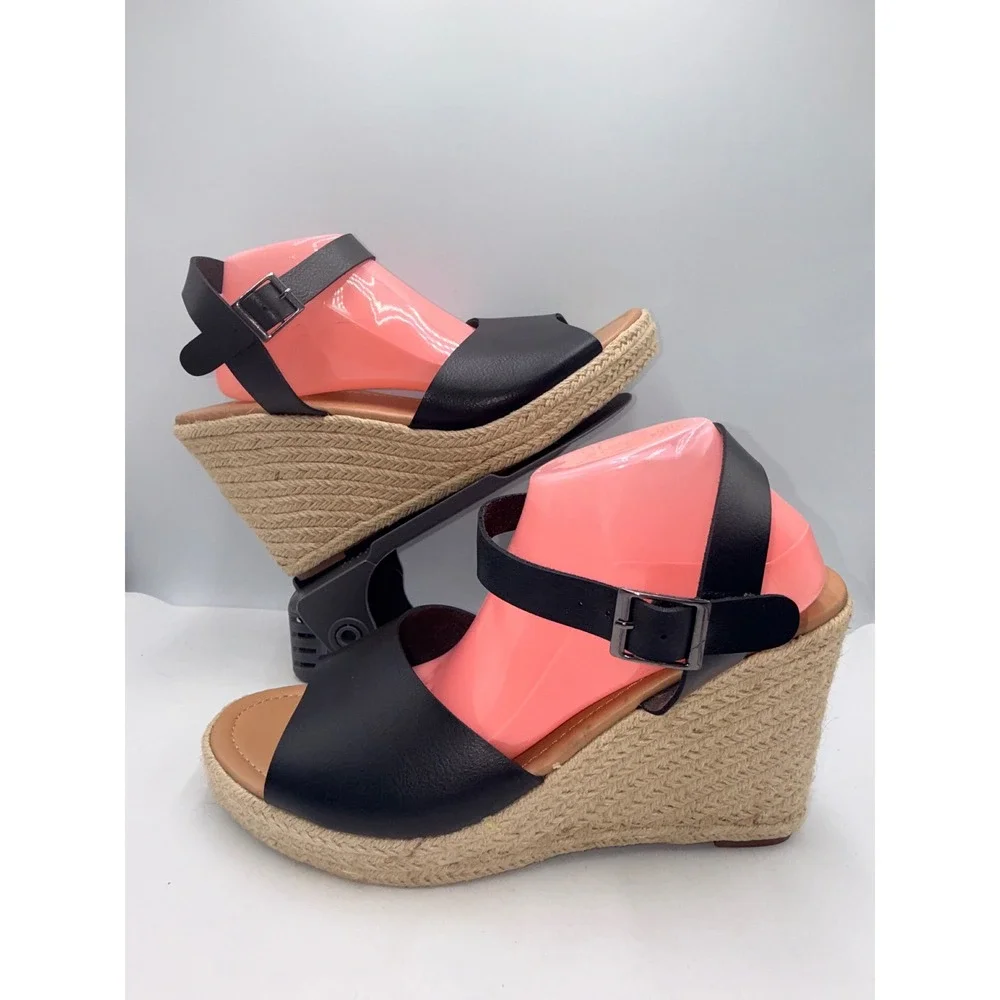 Torrid Wedge Sandals Women 13W Black  Espadrille Raffia Ankle Strap